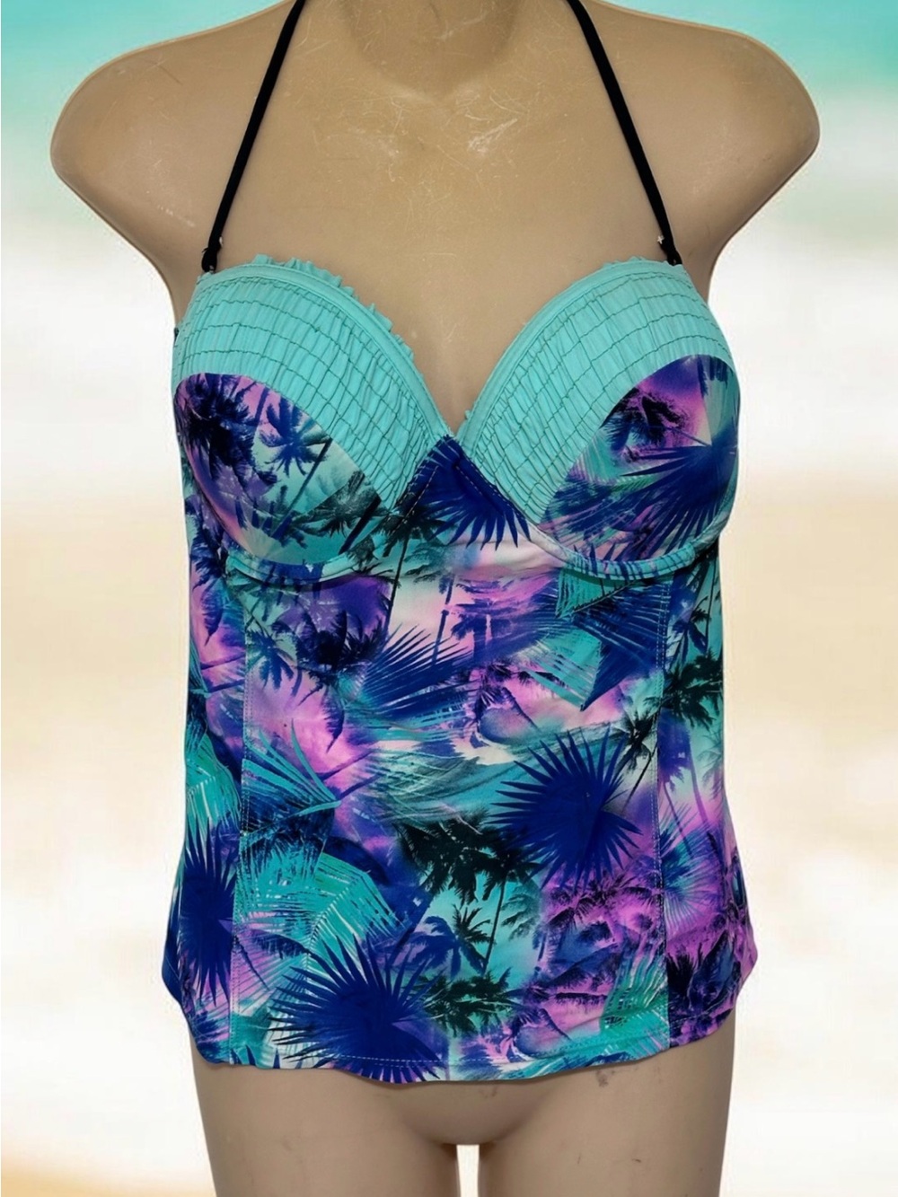 BONGO Aqua, Teal & Purple Tropical Bustier Tankini Top